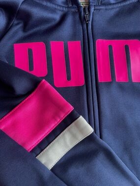 NEW Puma Girls Logo Hooded Full Zip-Up Track Jacket, Hot Pink Navy, Long Sleeves